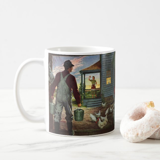Vintage Business, Farm with Farmer and Chickens Coffee Mug (With Donut)