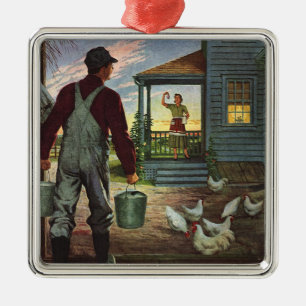 Vintage Business, Farm with Farmer and Chickens Metal Tree Decoration