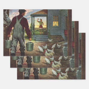 Vintage Business, Farm with Farmer and Chickens Wrapping Paper Sheet