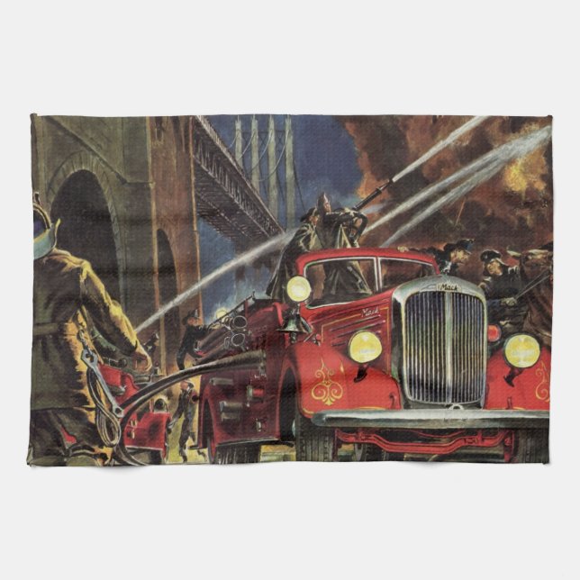Vintage Business, Firemen Firefighters Fire Trucks Tea Towel (Horizontal)