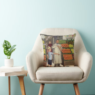 Vintage Business, Fruit Stand with Grocer and Boy Cushion