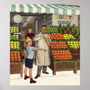 Vintage Business, Fruit Stand with Grocer and Boy Poster