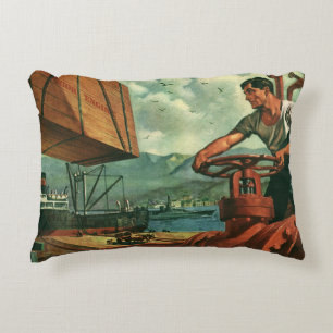 Vintage Business, Oil Tanker Ship with Dock Worker Decorative Cushion