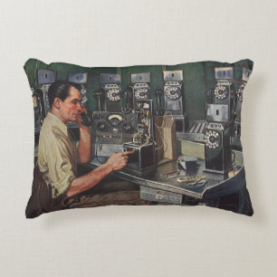 Vintage Business, Pay Phone Telephone Repairman Decorative Cushion