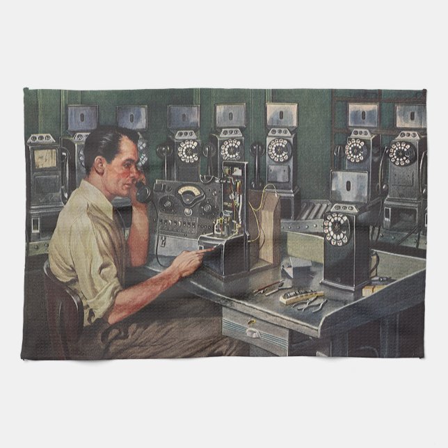 Vintage Business, Pay Phone Telephone Repairman Tea Towel (Horizontal)