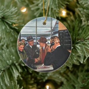 Vintage Business, People at Airline Ticket Counter Ceramic Tree Decoration