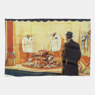 Vintage Business Retail Store, Man Window Shopping Tea Towel