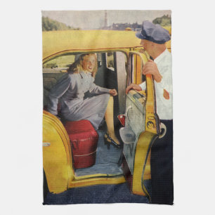 Vintage Business, Taxi Cab Driver Woman Passenger Tea Towel