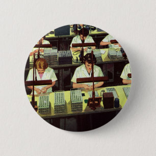 Vintage Business, Telephone Assembly Line Workers 6 Cm Round Badge