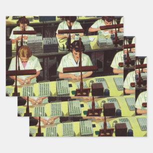Vintage Business, Telephone Assembly Line Workers Wrapping Paper Sheet