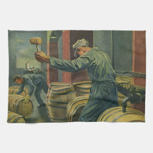 Vintage Business, Wine Making Corking Wine Barrels Tea Towel