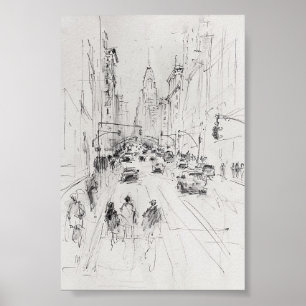 Vintage Busy City Street – Urban Illustration Poster