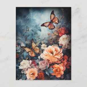 Vintage Butterflies and Flowers Postcard