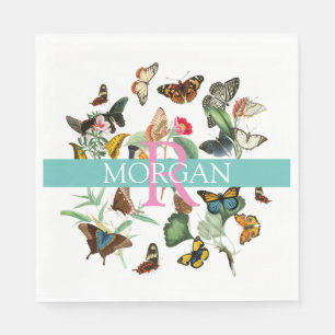 Vintage Butterflies DIY Monogram & Name Teal/White Napkin