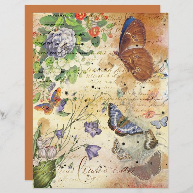 Vintage Butterflies Floral Collage Scrapbook Paper (Front/Back)