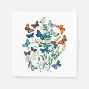 Vintage Butterflies & Flowers Art, White Napkin