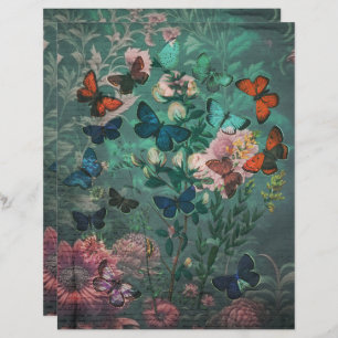 Vintage Butterflies & Flowers Blue Scrapbook Paper