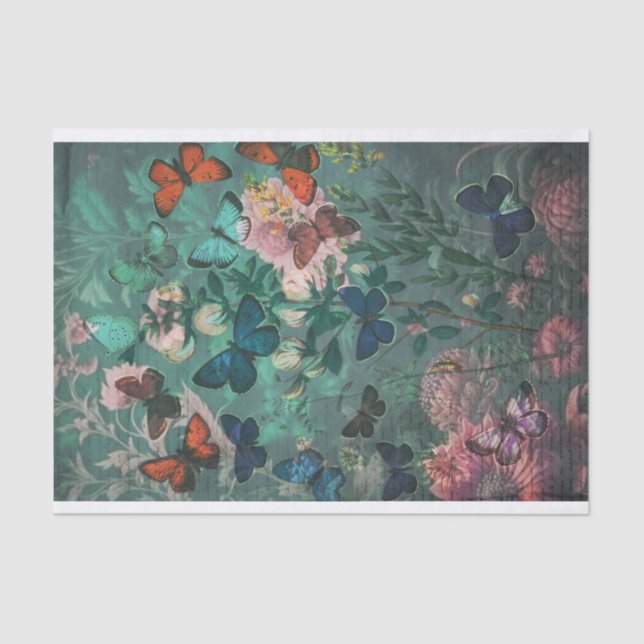 Vintage Butterflies & Flowers Blue  Tissue Paper (Front)