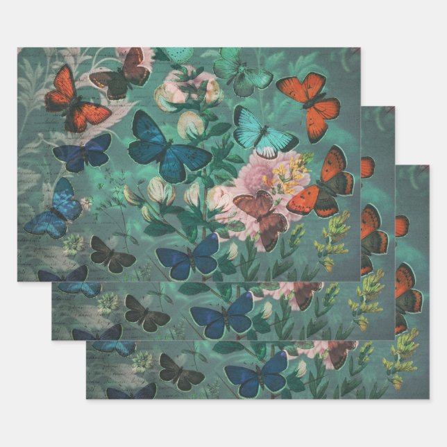 Vintage Butterflies & Flowers Blue  Wrapping Paper Sheet (Set)