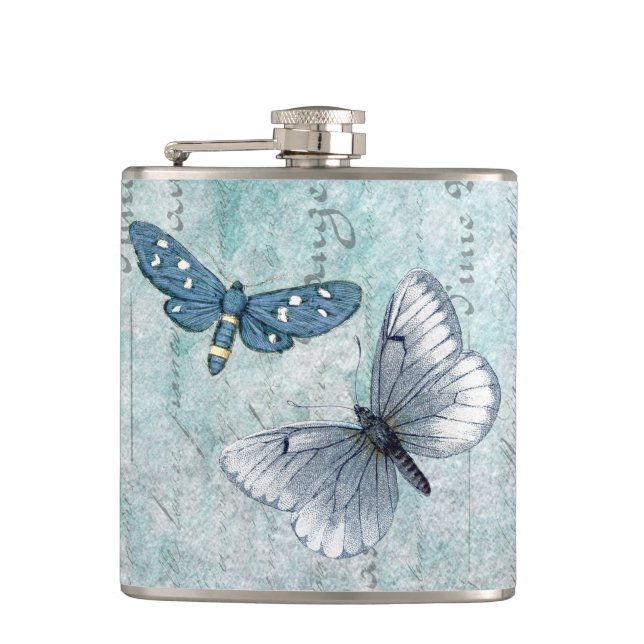 Vintage Butterflies French Grunge Hip Flask (Front)