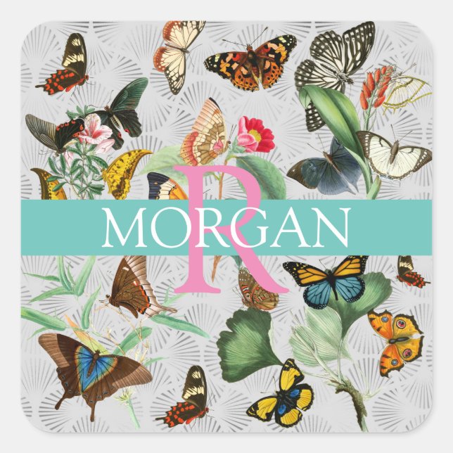 Vintage Butterflies, Monogram & Name, Teal & Grey Square Sticker (Front)