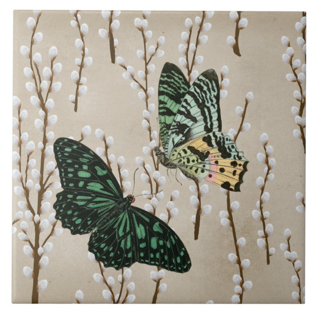 Vintage Butterflies on White Willow Catkins Ceramic Tile (Front)