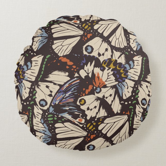 Vintage butterflies surface pattern. Colourful,  t Round Cushion (Front)