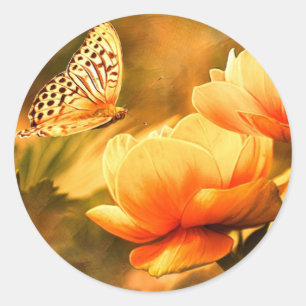 Vintage Butterfly And Flowers Classic Round Sticker