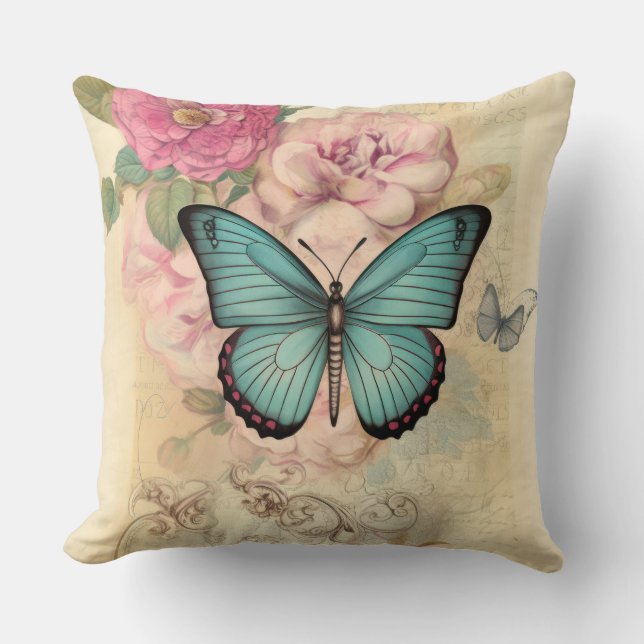 Vintage Butterfly and Flowers Cushion (Front)