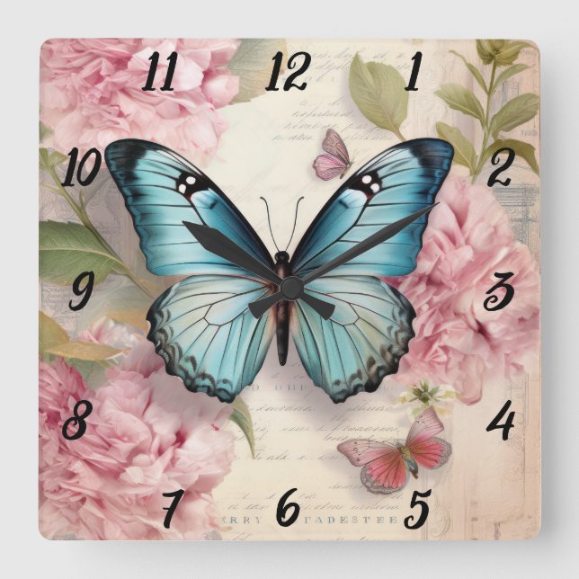 Vintage Butterfly and Flowers Square Wall Clock (Front)