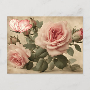 Vintage Butterfly and Pink Roses Decoupage  Postcard