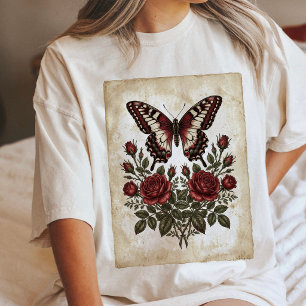 Vintage Butterfly And Red Roses Illustration Tri-Blend Shirt