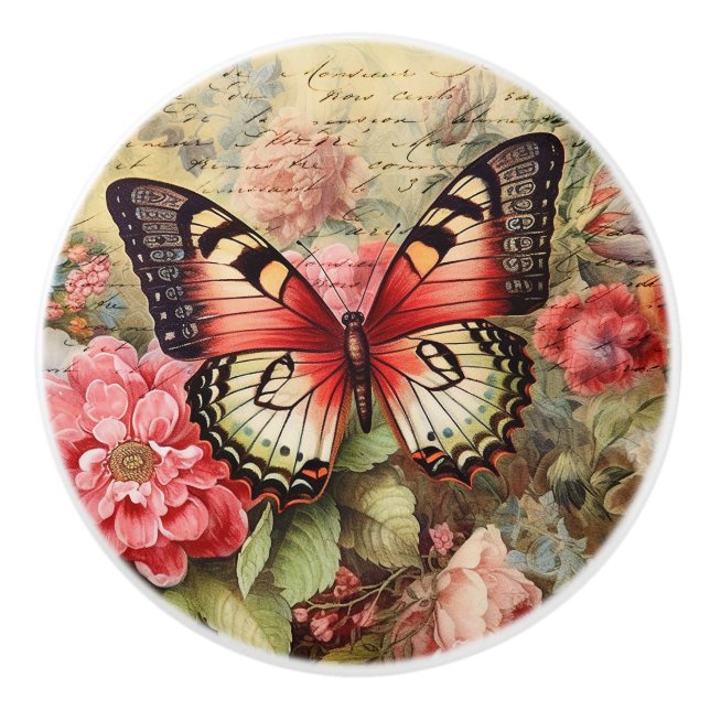 Vintage Butterfly and Roses Ephemera Ceramic Knob (Front)