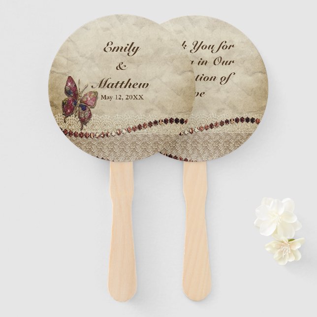 Vintage Butterfly, Beads, Lace, Parchment Wedding Hand Fan (Front and Back)