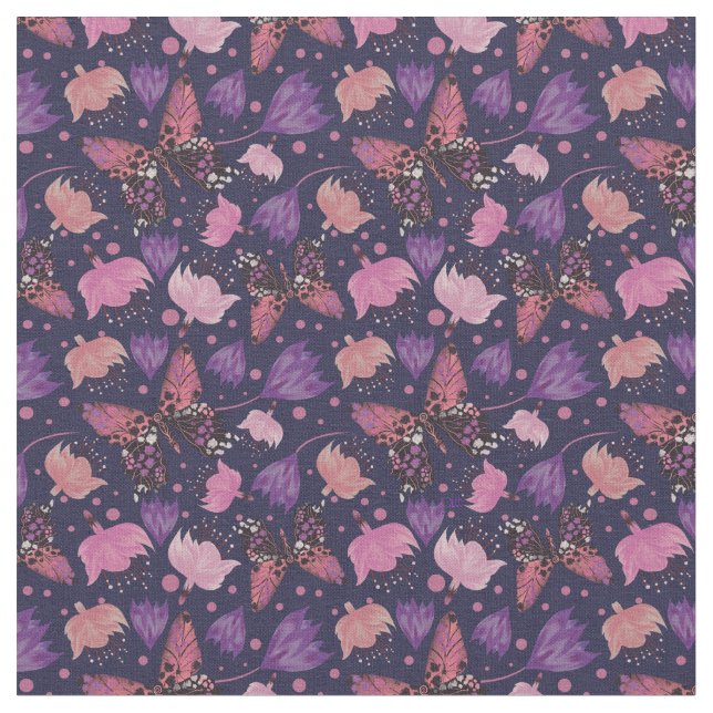 Vintage Butterfly Blue Floral Pattern Fabric (Close Up)