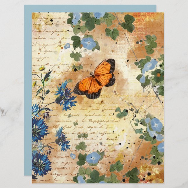 Vintage Butterfly Blue Flowers Scrapbook Paper (Front/Back)