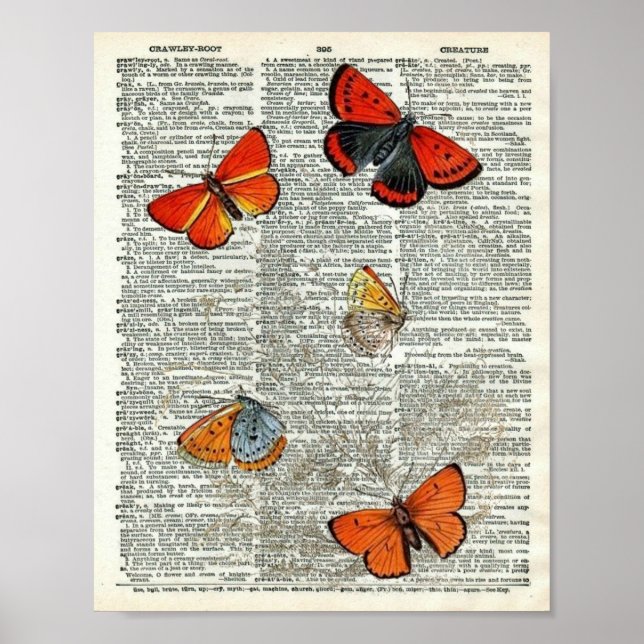 Vintage Butterfly Botanical #11 on Dictionary Page Poster (Front)