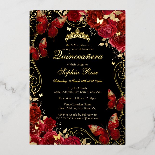 Vintage Butterfly Floral Red Quinceanera (Front)