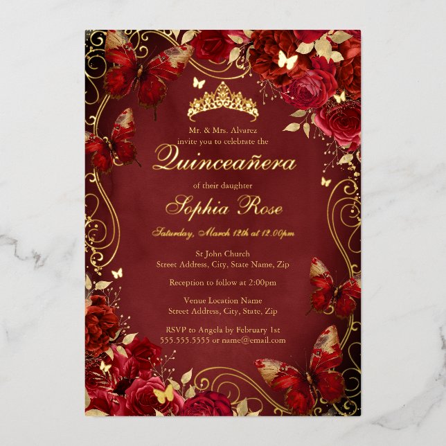 Vintage Butterfly Floral Royal Red Quinceanera (Front)