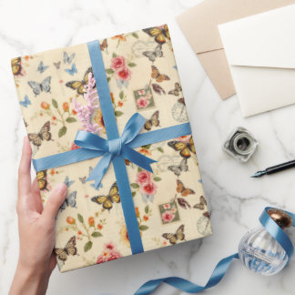 Vintage Butterfly & Flowers Rolled Gift Wrap