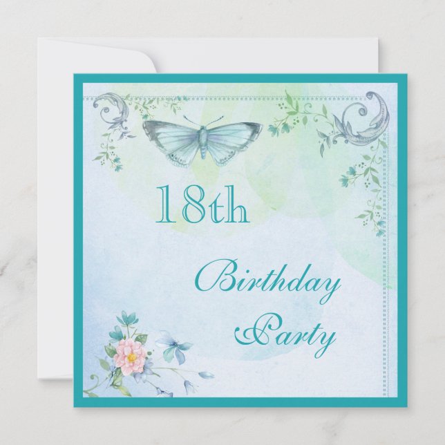 Vintage Butterfly, Flowers & Swirls 18th Birthday Invitation (Front)