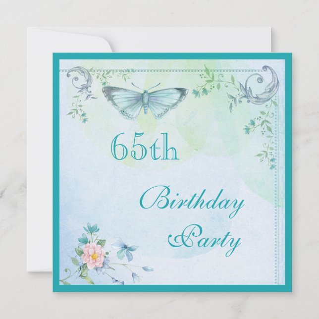 Vintage Butterfly, Flowers & Swirls 65th Birthday Invitation (Front)