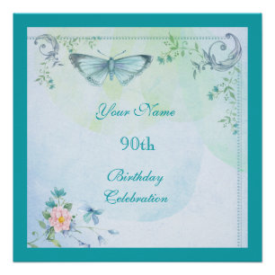 Vintage Butterfly, Flowers & Swirls 90th Birthday Poster