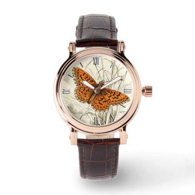 Vintage Butterfly Illustration, Deep Orange Watch (Front)