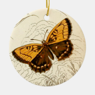 Vintage Butterfly Illustration, Gold and Brown Ceramic Tree Decoration