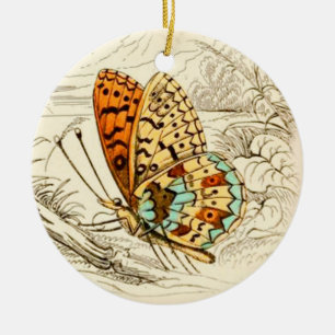 Vintage Butterfly Illustration, Orange and Beige Ceramic Tree Decoration