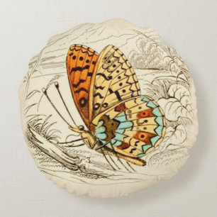 Vintage Butterfly Illustration, Orange and Beige Round Cushion