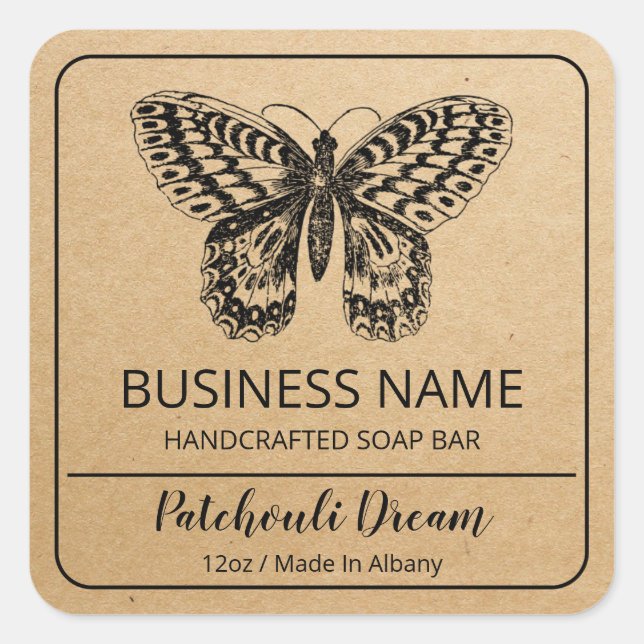 Vintage Butterfly Kraft Paper Brown Soap Bar Label (Front)
