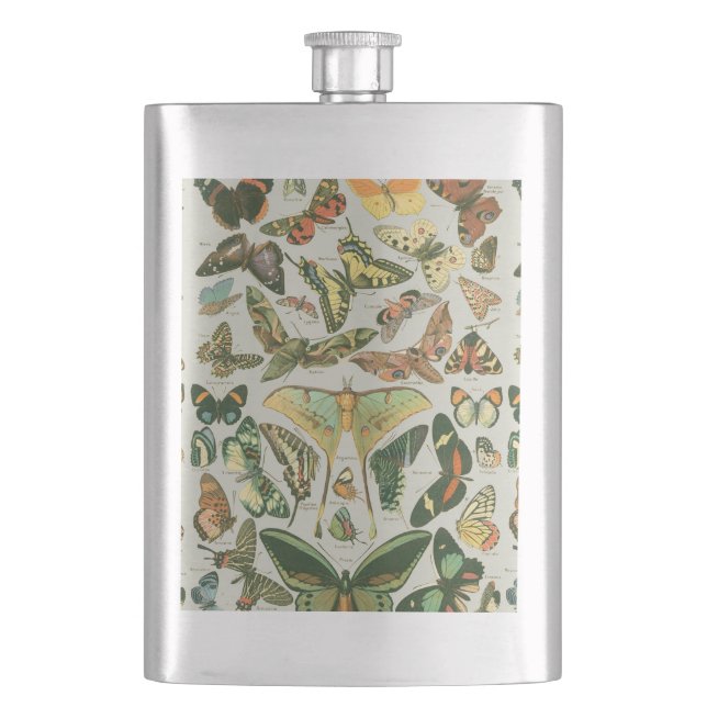 Vintage Butterfly Moth Pattern Print Hip Flask (Front)