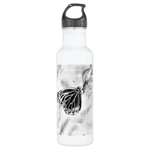 Vintage Butterfly on flower - Black and White 710 Ml Water Bottle
